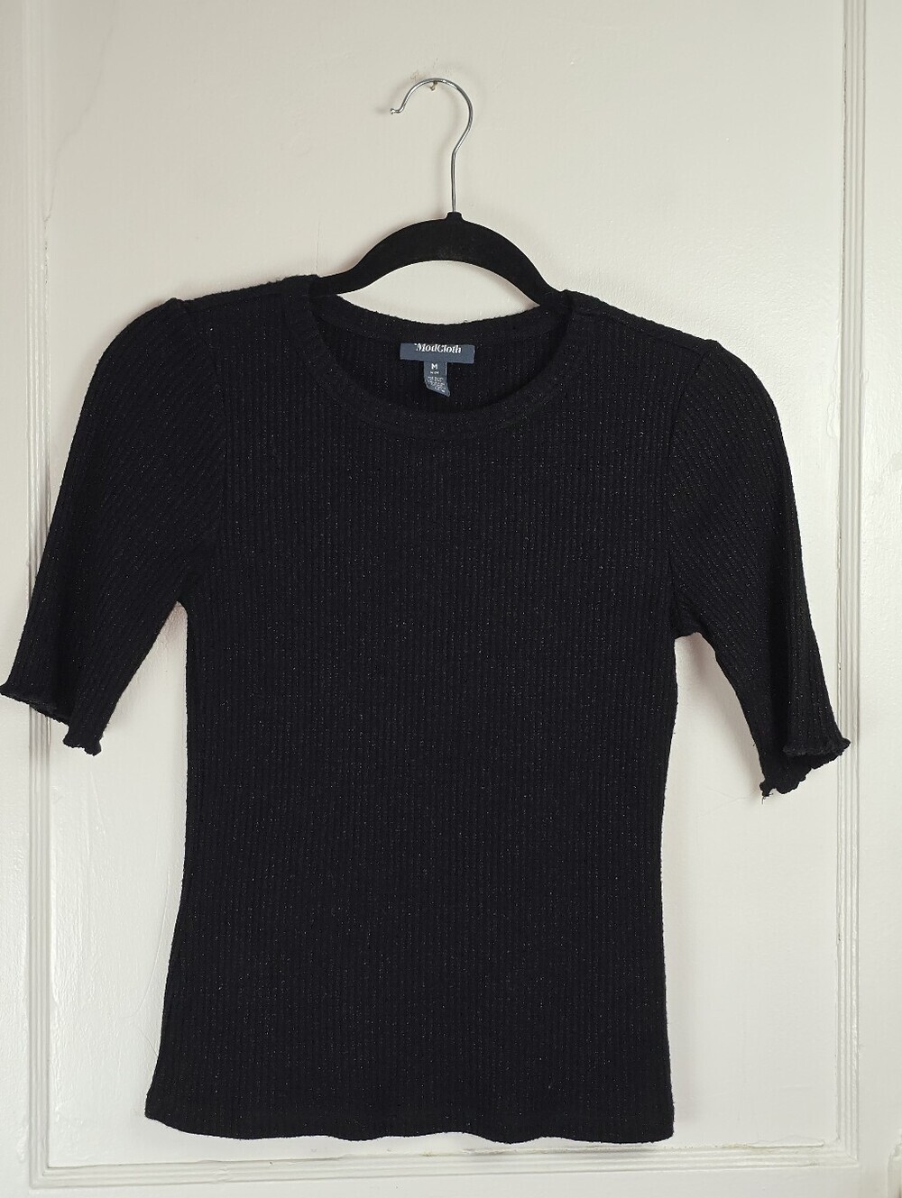 Modcloth Black Ribbed Fitted Short Sleeve Sweater   M